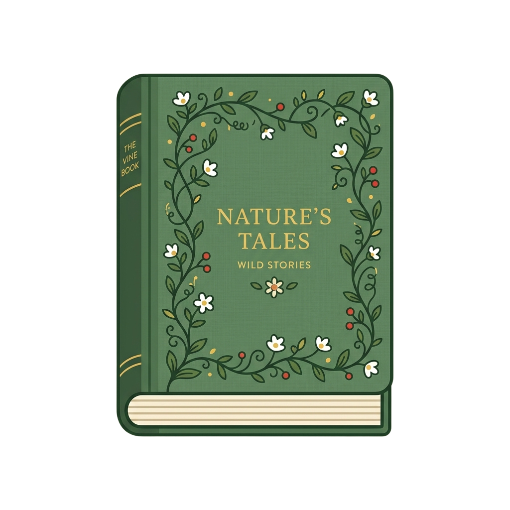 Illustrated vintage-style book cover titled Nature's Tales with floral vine border and green background