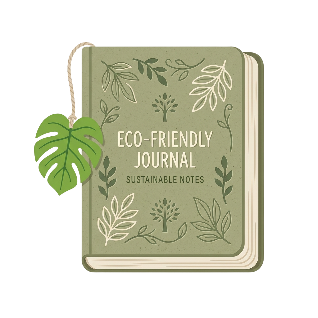Illustration of an eco-friendly journal with leaf decorations and a green leaf bookmark