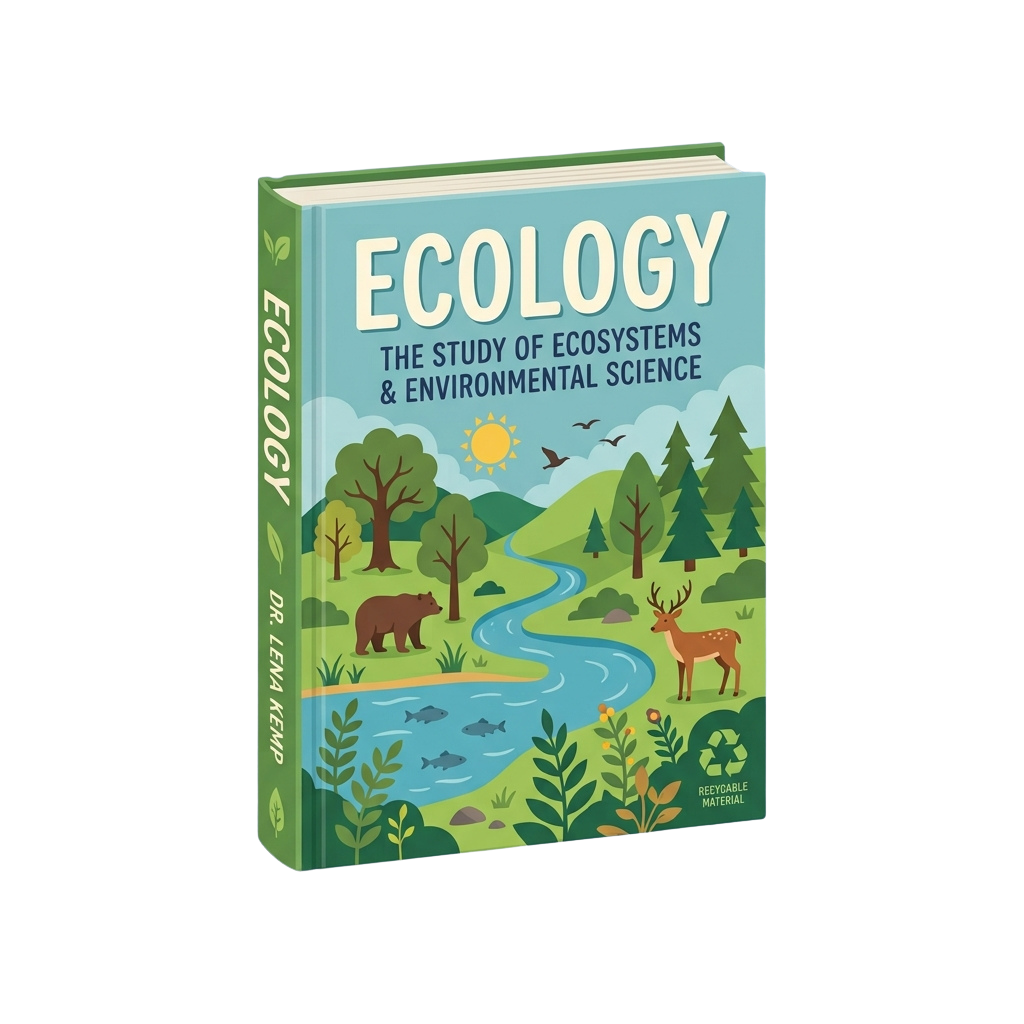 Illustrated book cover showing ecology with animals, plants, and a river in a forest ecosystem