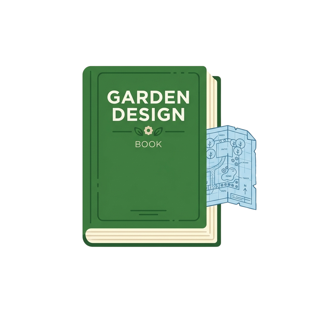 Illustration of a green garden design book with a blueprint page showing garden layout