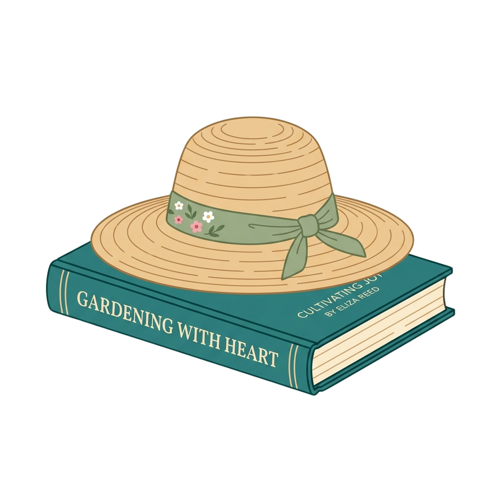 A straw hat with a green ribbon and flowers placed atop a book titled Gardening With Heart