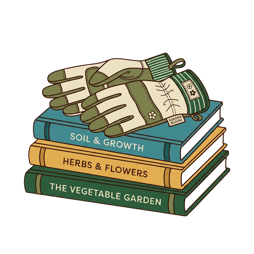 Illustration of gardening gloves holding three books labeled Soil and Growth, Herbs and Flowers, and The Vegetable Garden