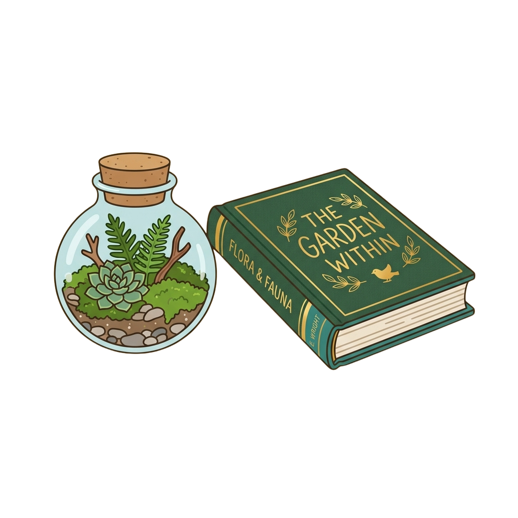 Illustration of a small glass terrarium with succulents and a green book titled The Garden Within by Flora Fauna