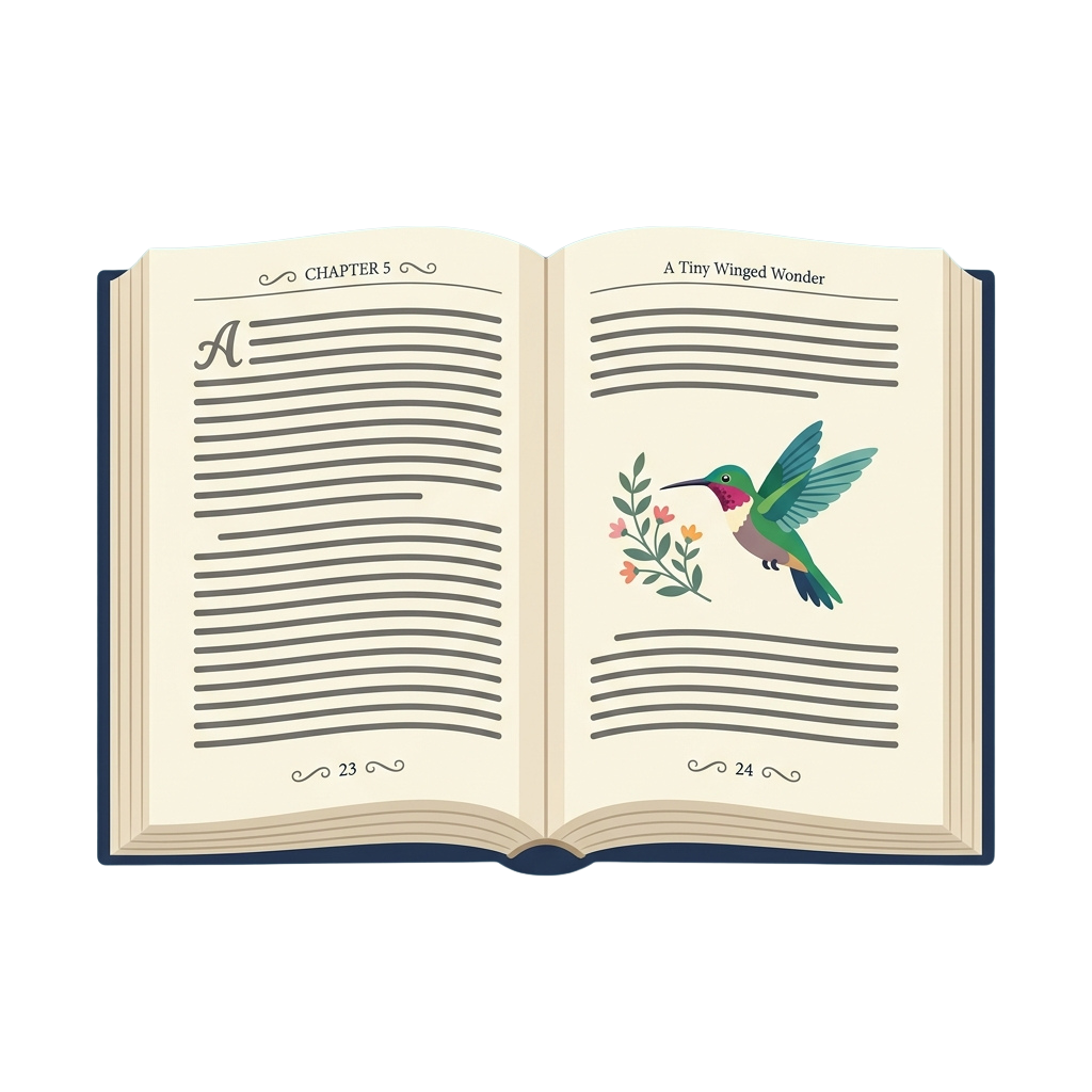 Open book showing chapter header with hummingbird illustration and lined text space