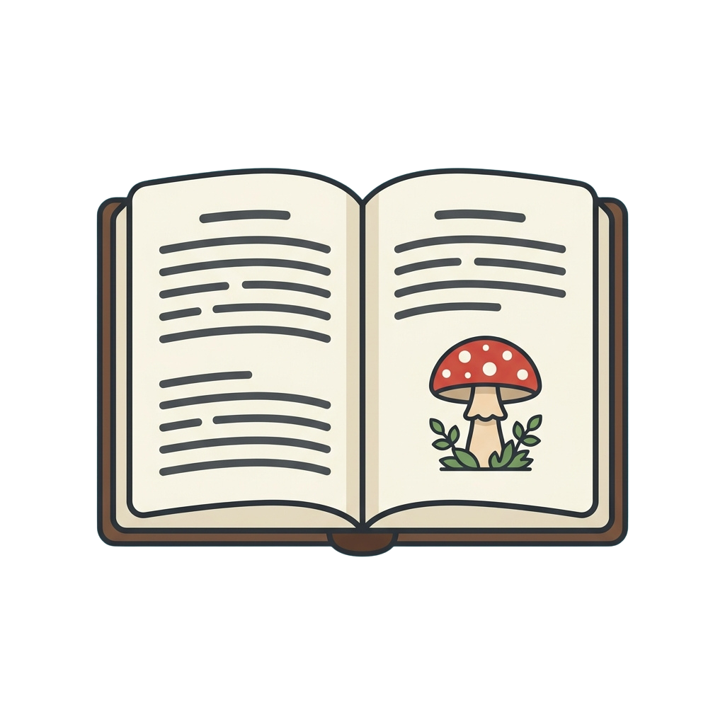 An open book showing a blank page on the left and a red mushroom illustration on the right