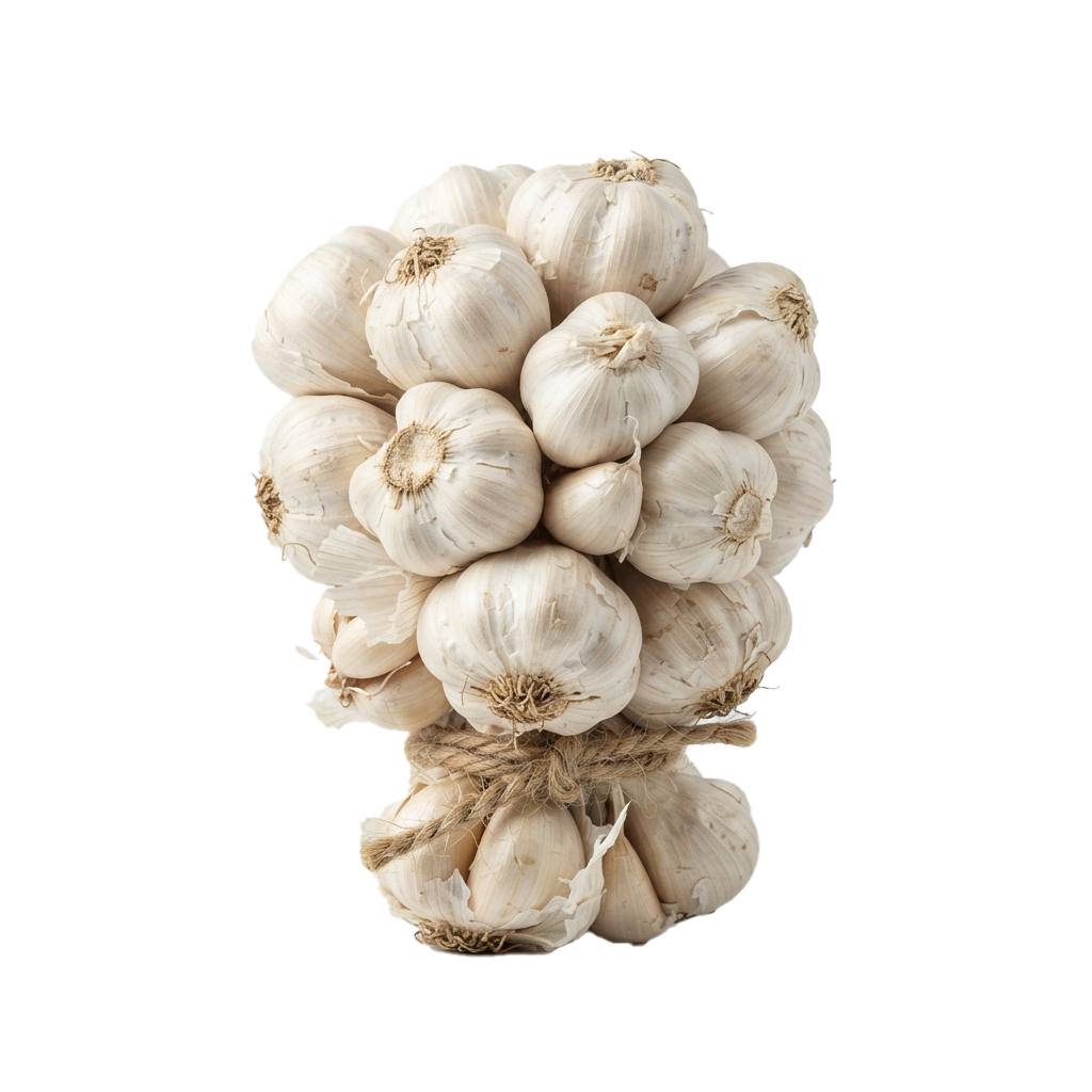 A bundle of whole, unpeeled garlic cloves tied together with twine against a black background
