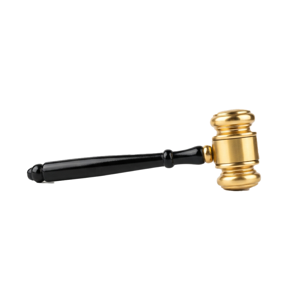 A golden gavel with a black handle against a black background