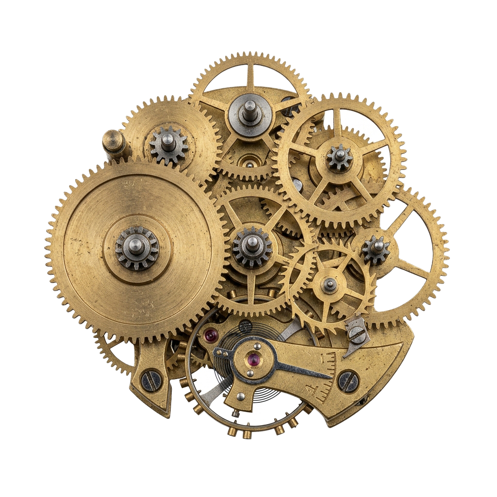 Close-up of a detailed brass clock gear mechanism with interlocking gears and metal components