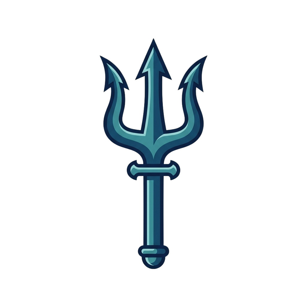 A stylized trident icon with three prongs and a crossguard, rendered in blue tones on a dark background