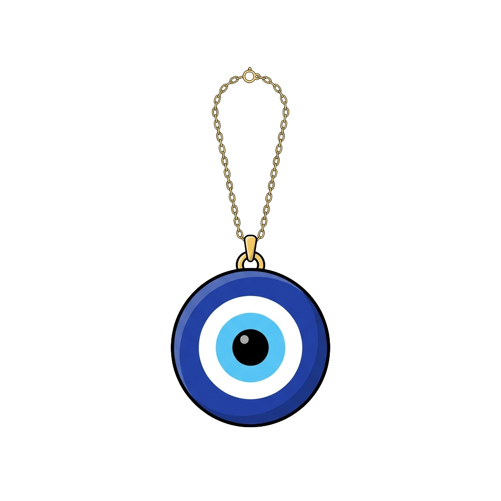 A gold chain necklace with a round blue evil eye pendant featuring concentric circles in white and black