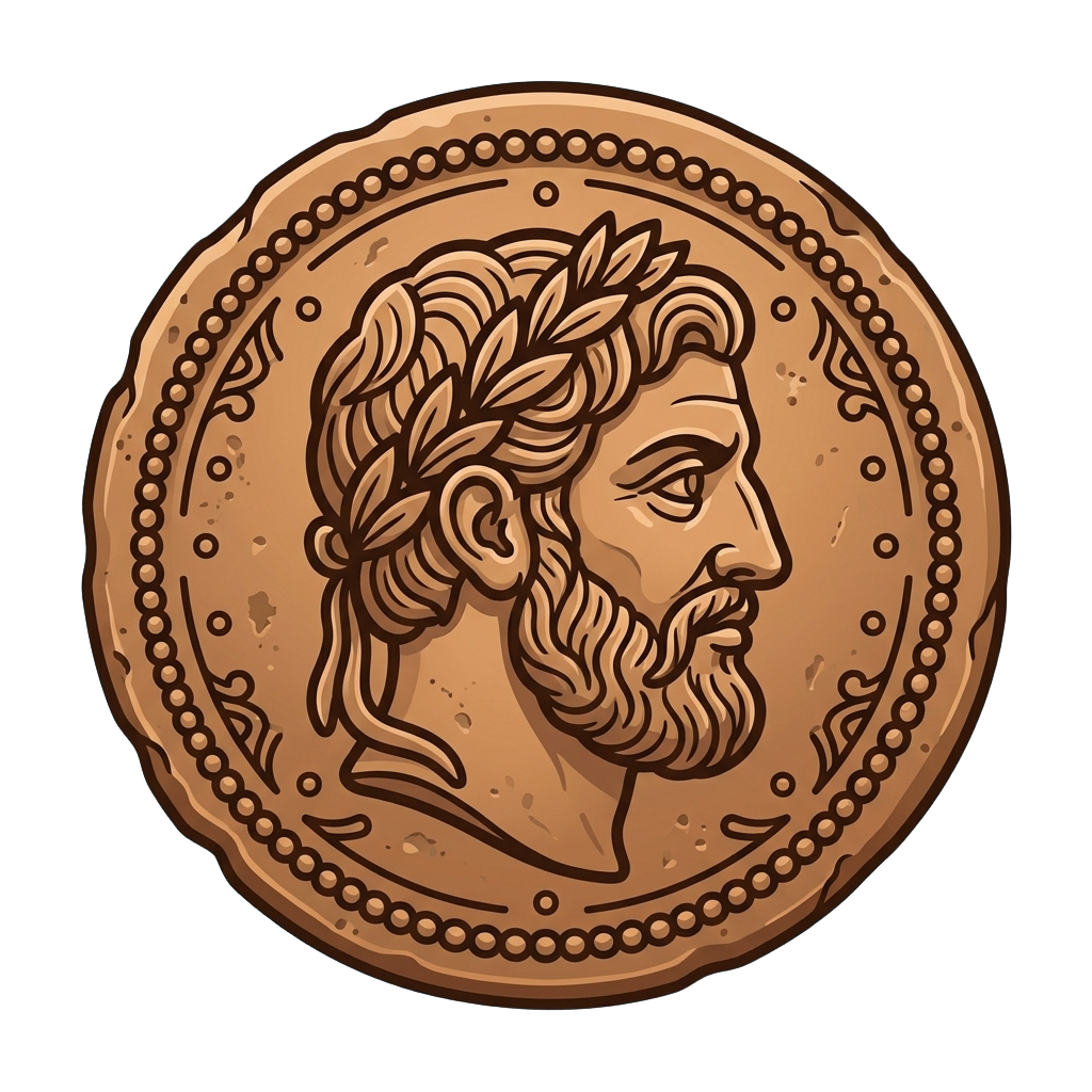 Illustration of an ancient Greek coin featuring a bearded man wearing a laurel wreath.