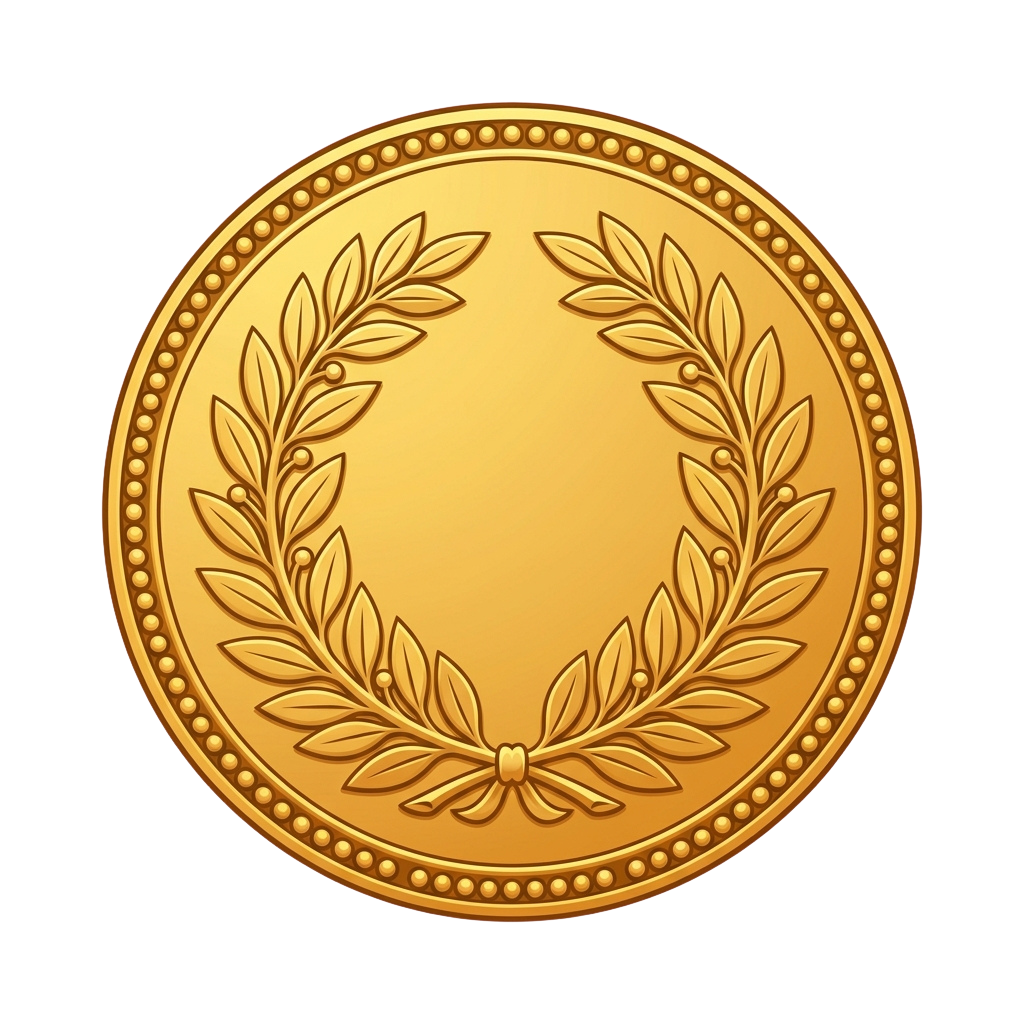 A round gold-colored medal featuring an intricate laurel wreath design in the center