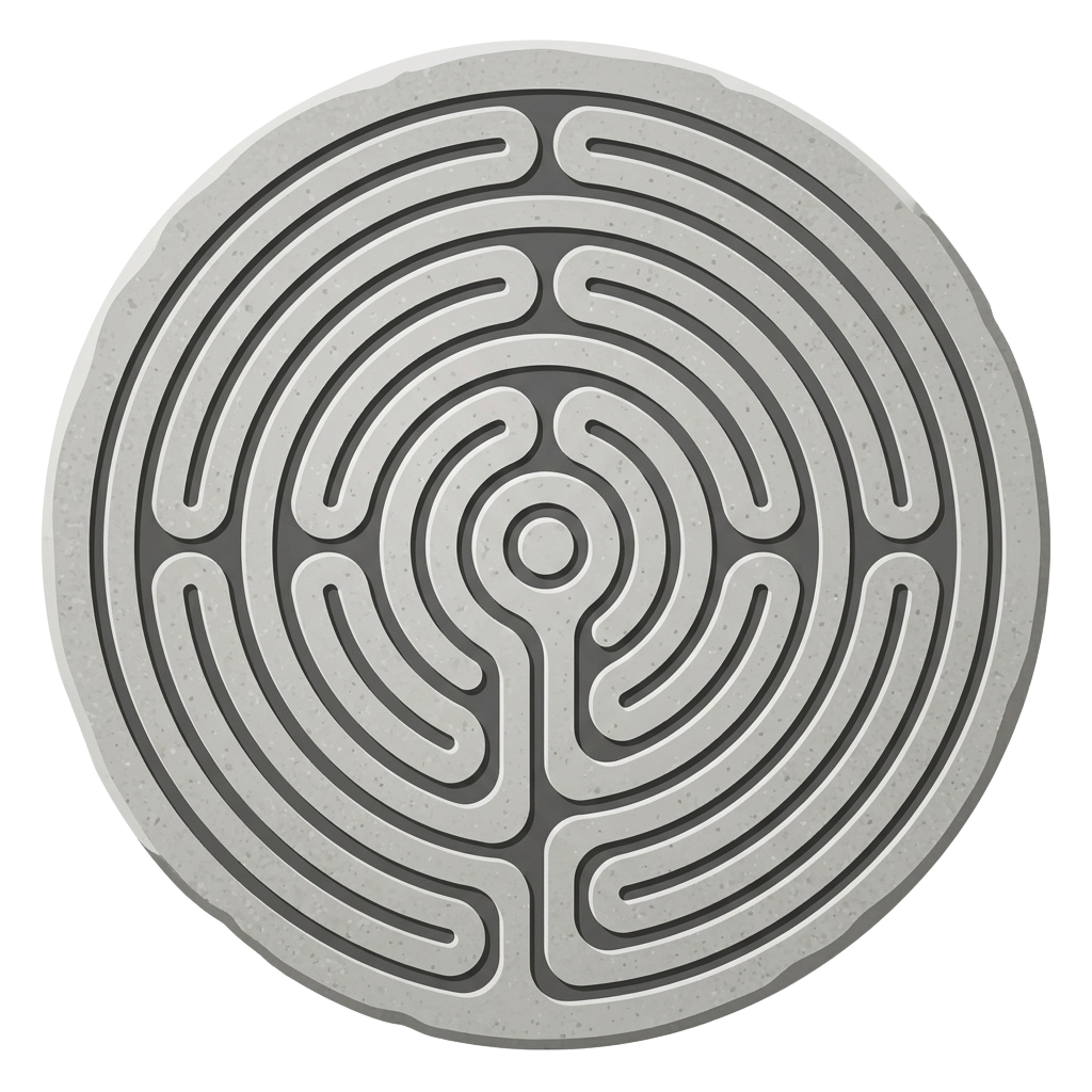A circular stone carving featuring an intricate labyrinth pattern with a single winding path.