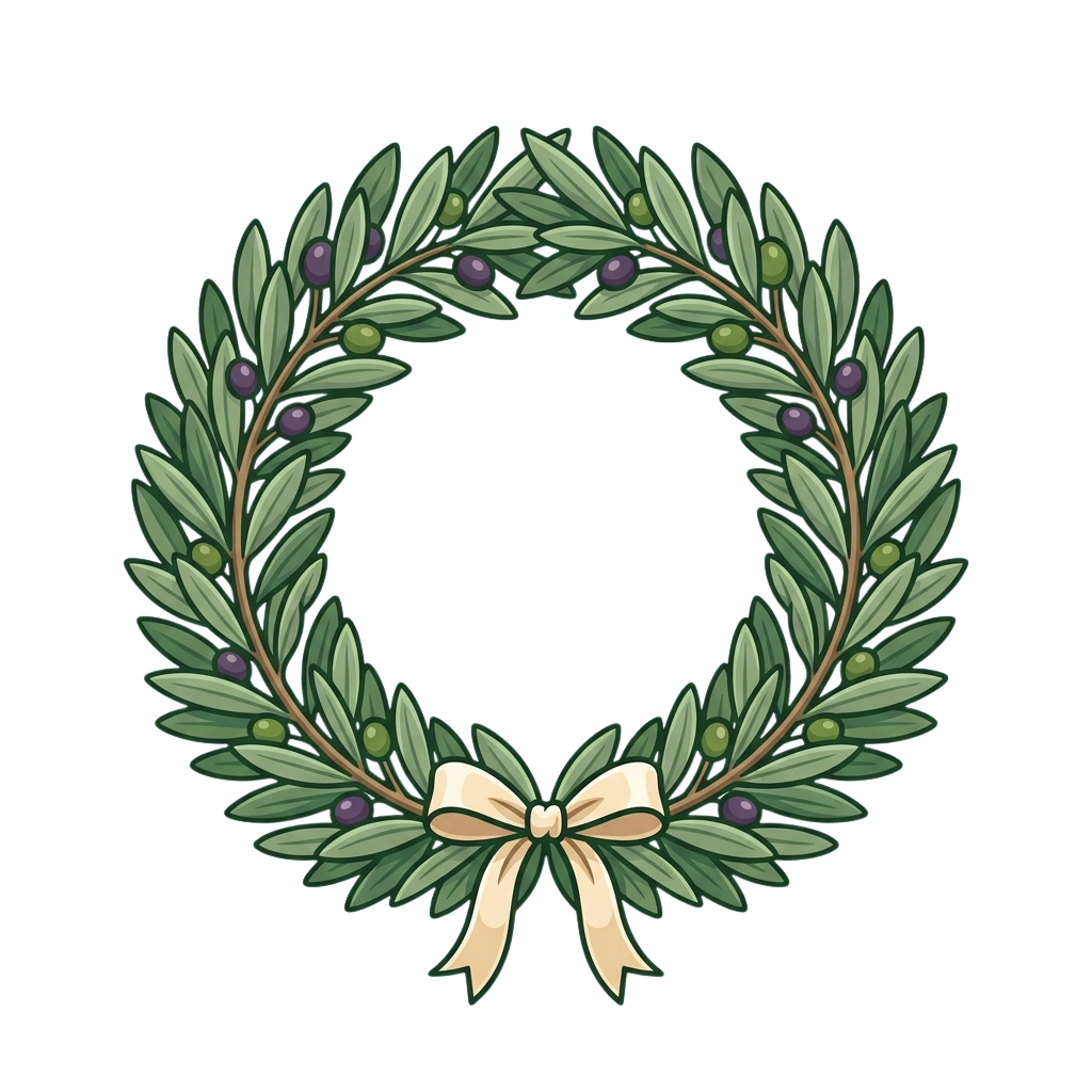 A decorative laurel wreath with green leaves, purple and green berries, and a light beige ribbon bow.