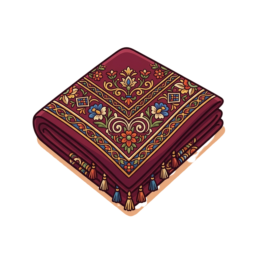 A maroon velvet ottoman featuring intricate floral embroidery and gold accents with tassels hanging from the edges