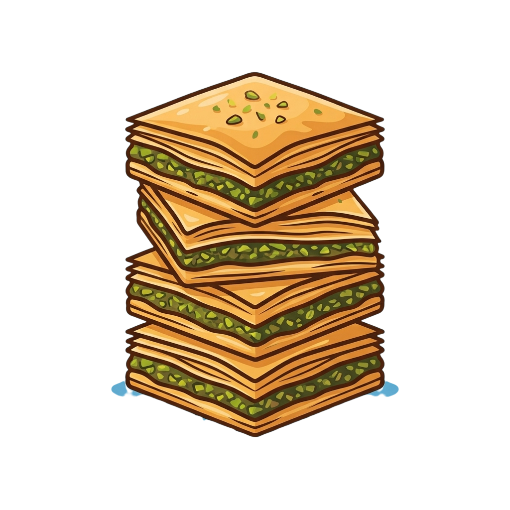 Illustration of four stacked sandwiches with bread and green leafy filling