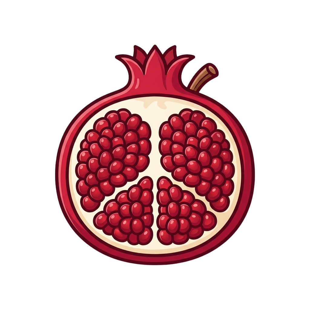 Cross-section of a pomegranate showing red arils inside a white membrane and red rind