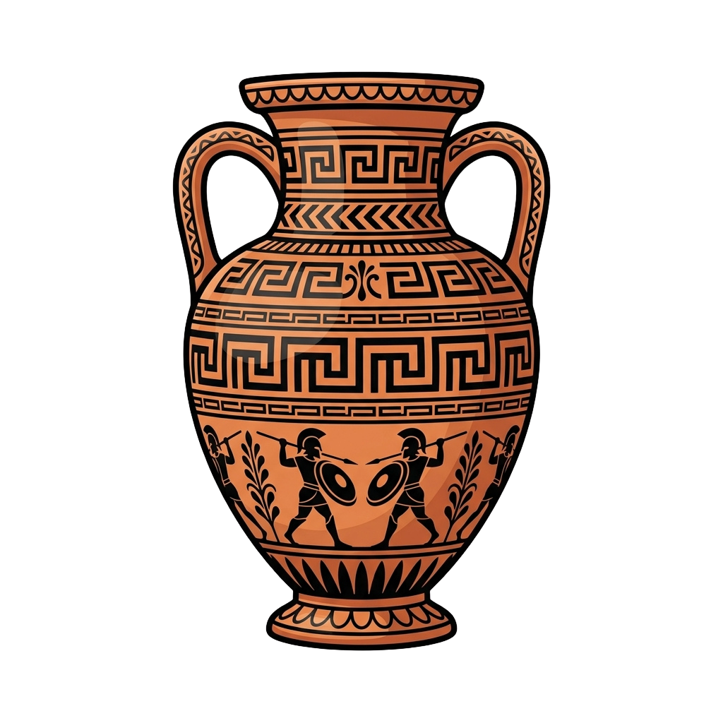 An ancient Greek vase featuring two warriors in combat with shields and spears, surrounded by geometric patterns and floral motifs.
