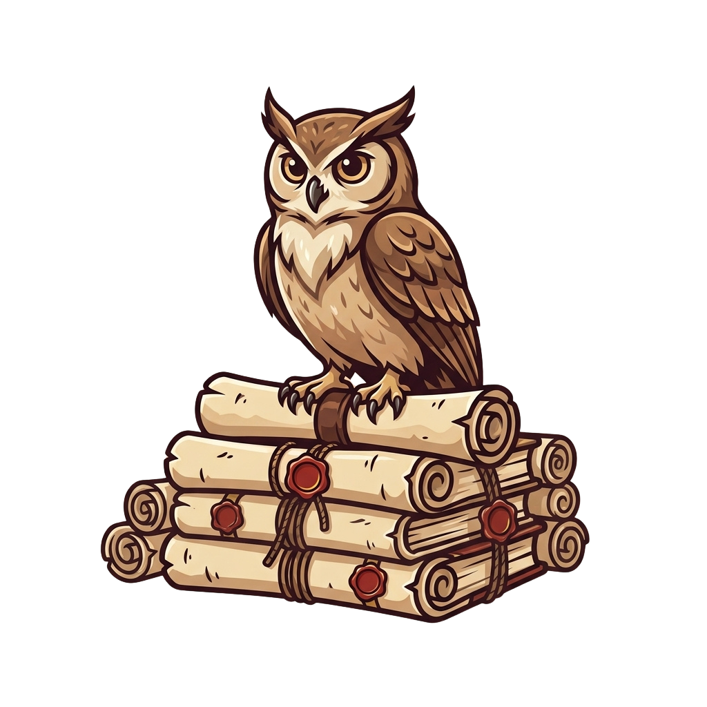 An owl perched on top of a stack of rolled scrolls tied with string and sealed with wax.
