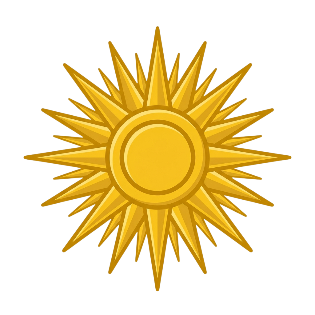 A bright golden sunburst symbol with a circular center and sharp rays radiating outward