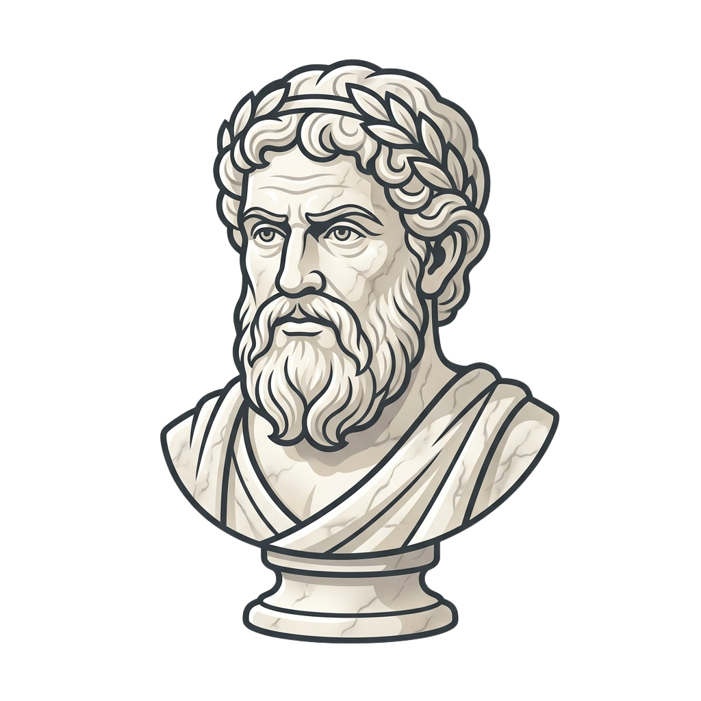 Illustration of an ancient Greek philosopher with a beard and laurel wreath on his head