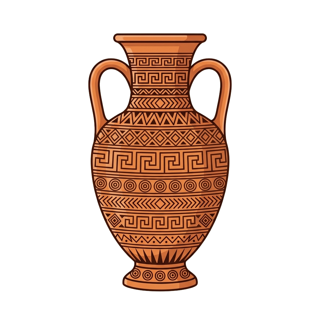 Terracotta vase with black geometric patterns including zigzags, triangles, and circles