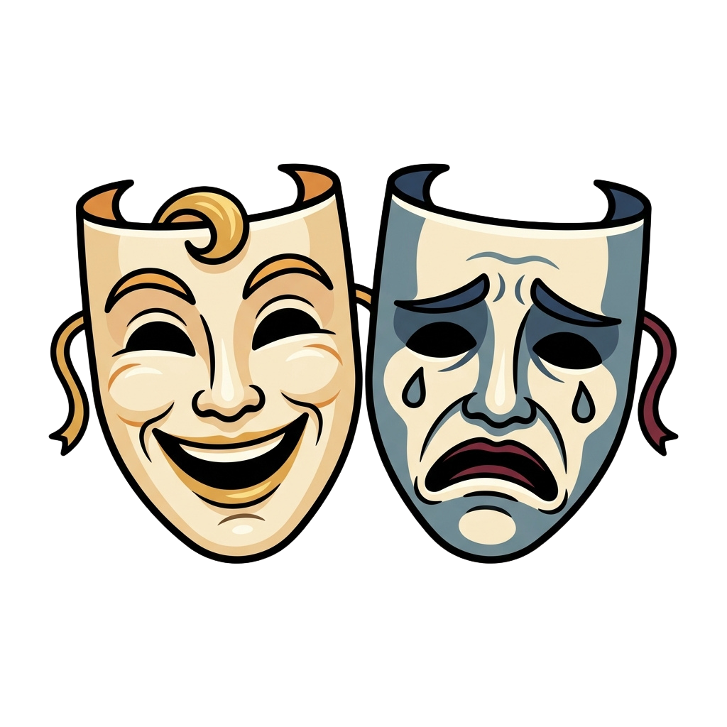 Two classical theater masks side by side, one smiling with tears of joy and one crying with tears of sorrow