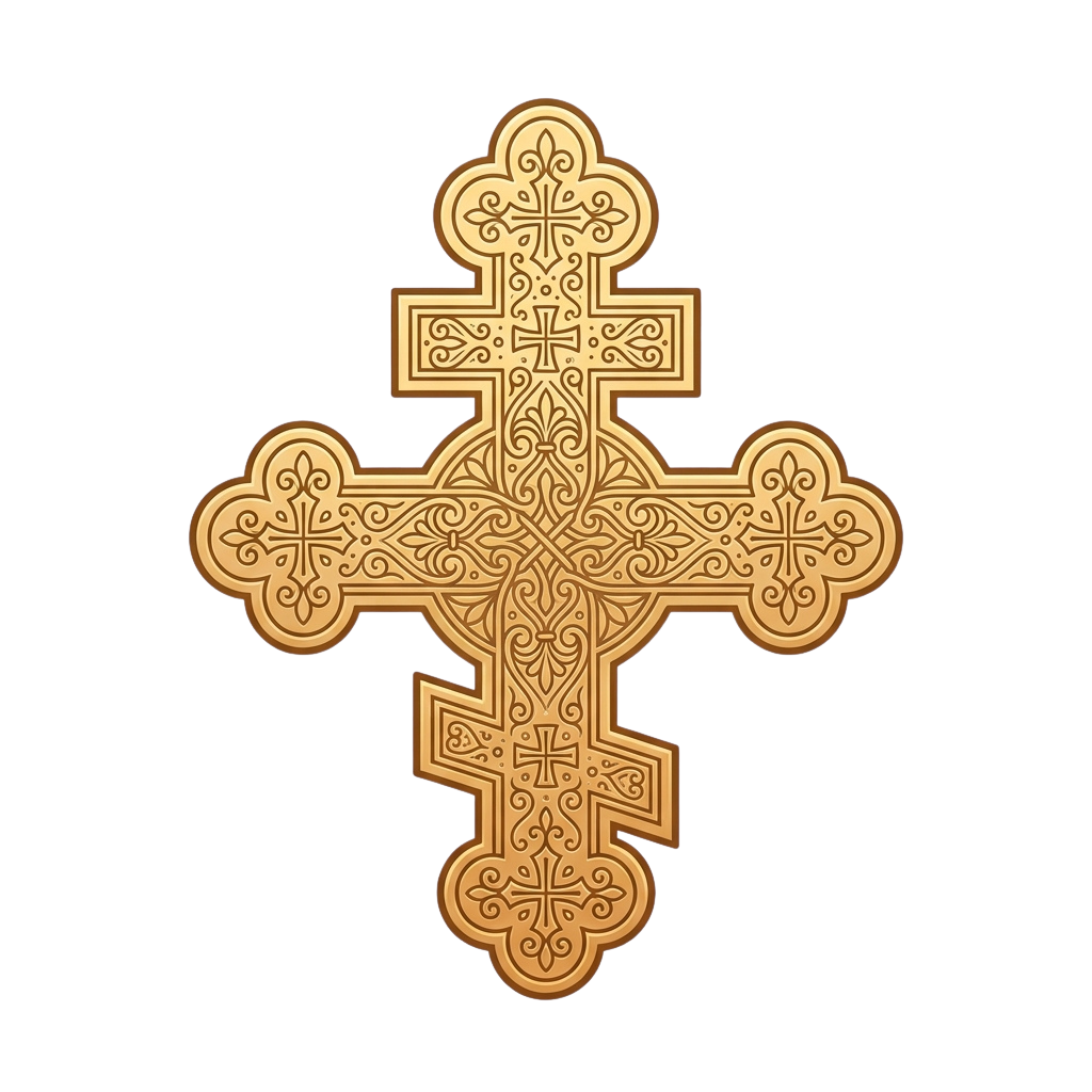 Decorative gold Orthodox cross with elaborate filigree and floral patterns on a black background