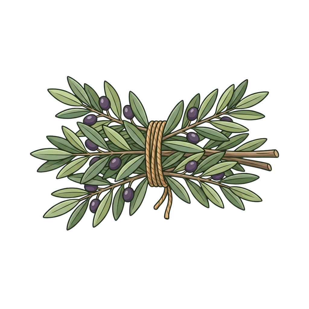 Illustration of an olive branch with green leaves and purple olives tied together with brown twine