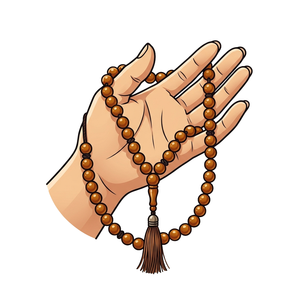 A hand holding wooden prayer beads with a tassel attached to the center bead