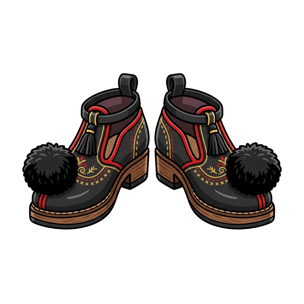 Pair of black boots with faux fur trim, red embroidery, and wooden platform soles