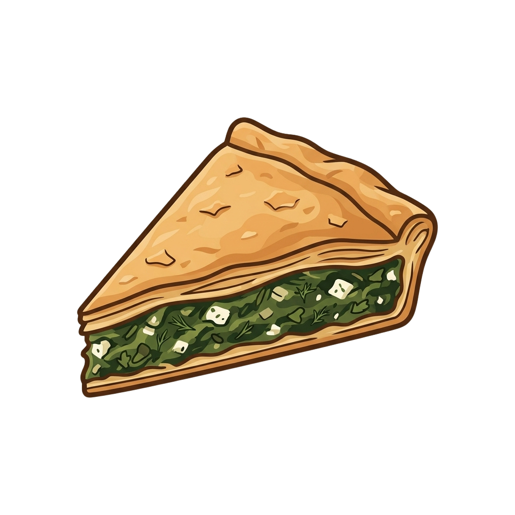 Illustration of a slice of golden-brown flatbread stuffed with green spinach and white cheese filling