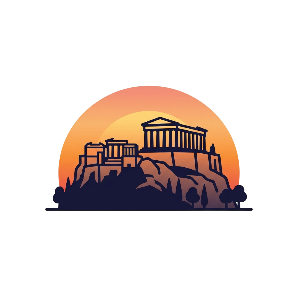 Silhouette of ancient Greek buildings at sunset with a glowing orange sky and dark silhouette of trees and hills