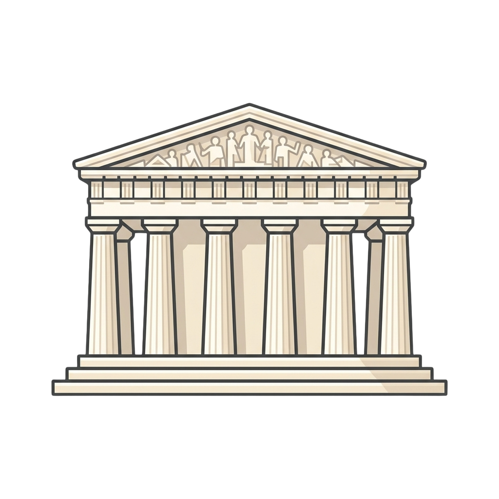 Illustration of a Greek temple with tall columns and a triangular pediment featuring silhouetted figures