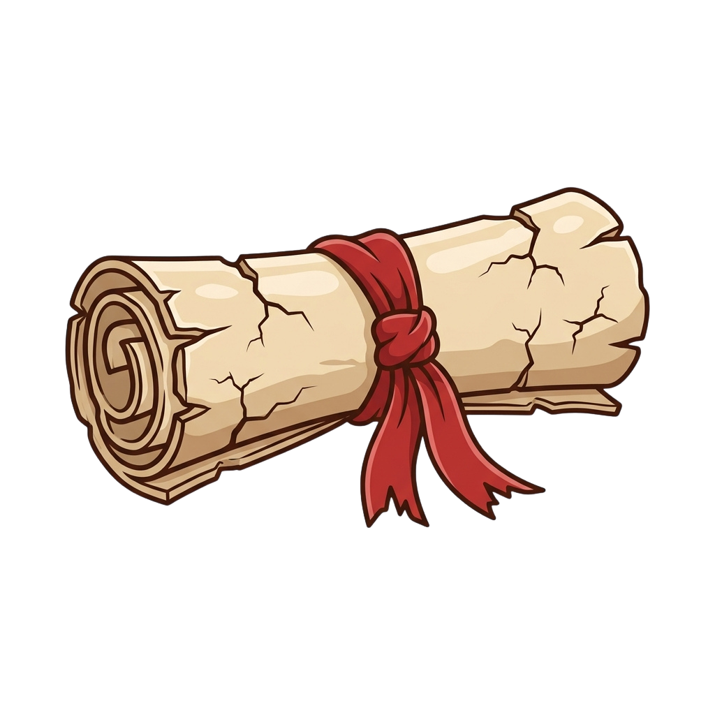 A cracked, aged scroll wrapped with a red ribbon against a black background
