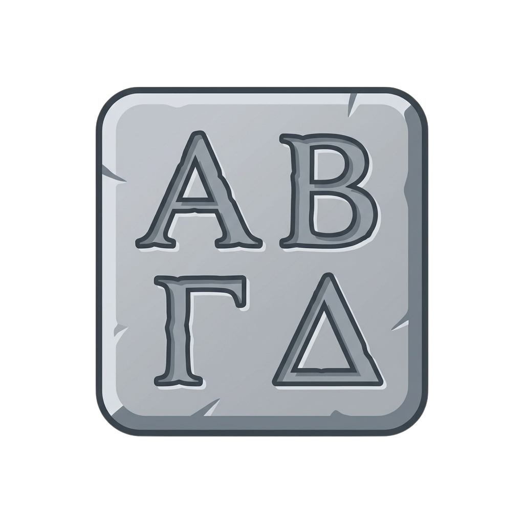A weathered stone tablet displaying the letters A B and the Greek letters Gamma and Delta