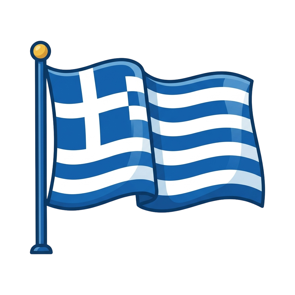 Illustration of the Greek flag waving on a blue pole against a black background