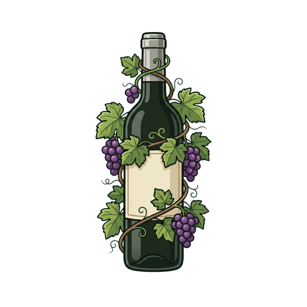 A wine bottle wrapped with green leaves, grapes, and vine illustration on a dark background