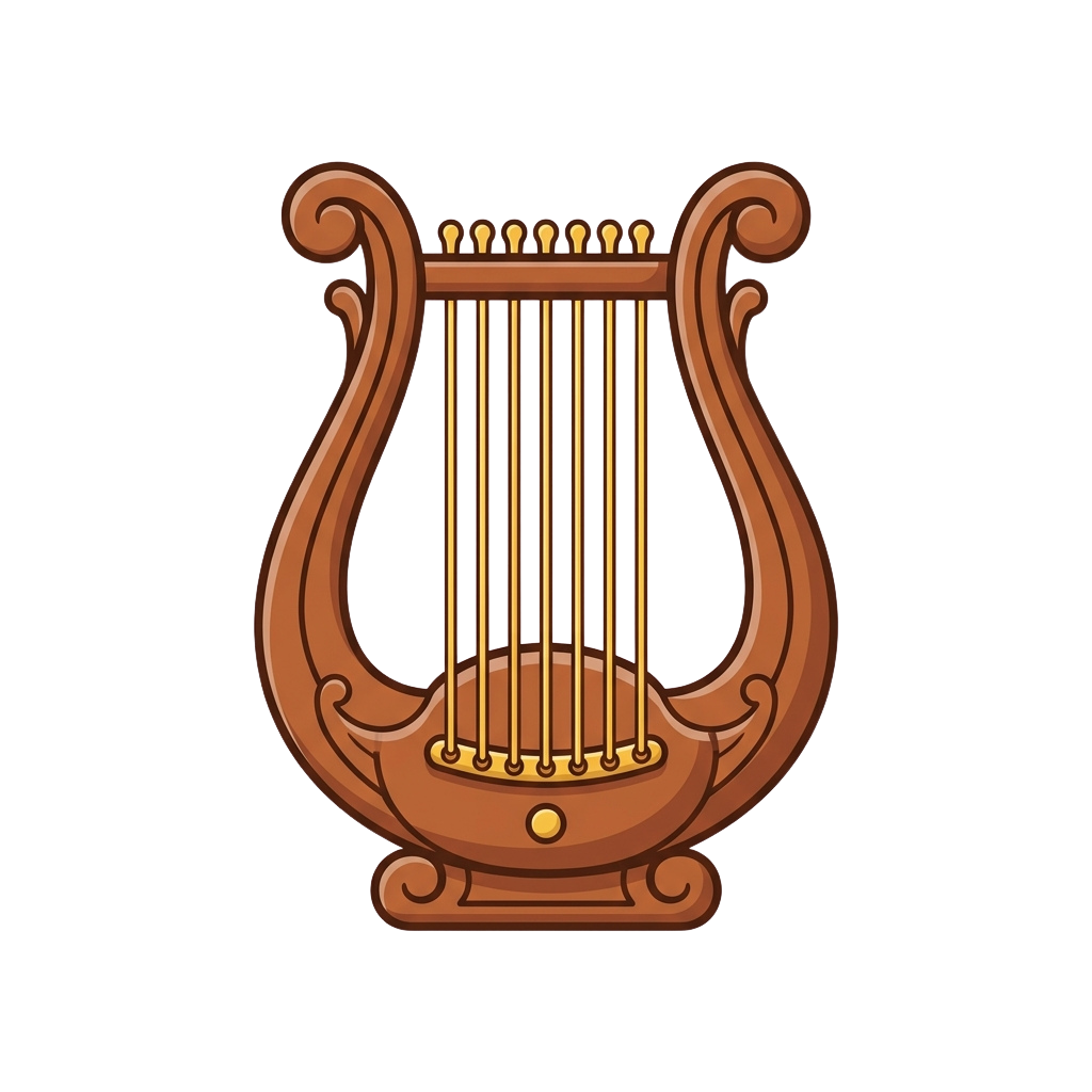 Illustration of a brown lyre musical instrument with seven strings and ornate detailing