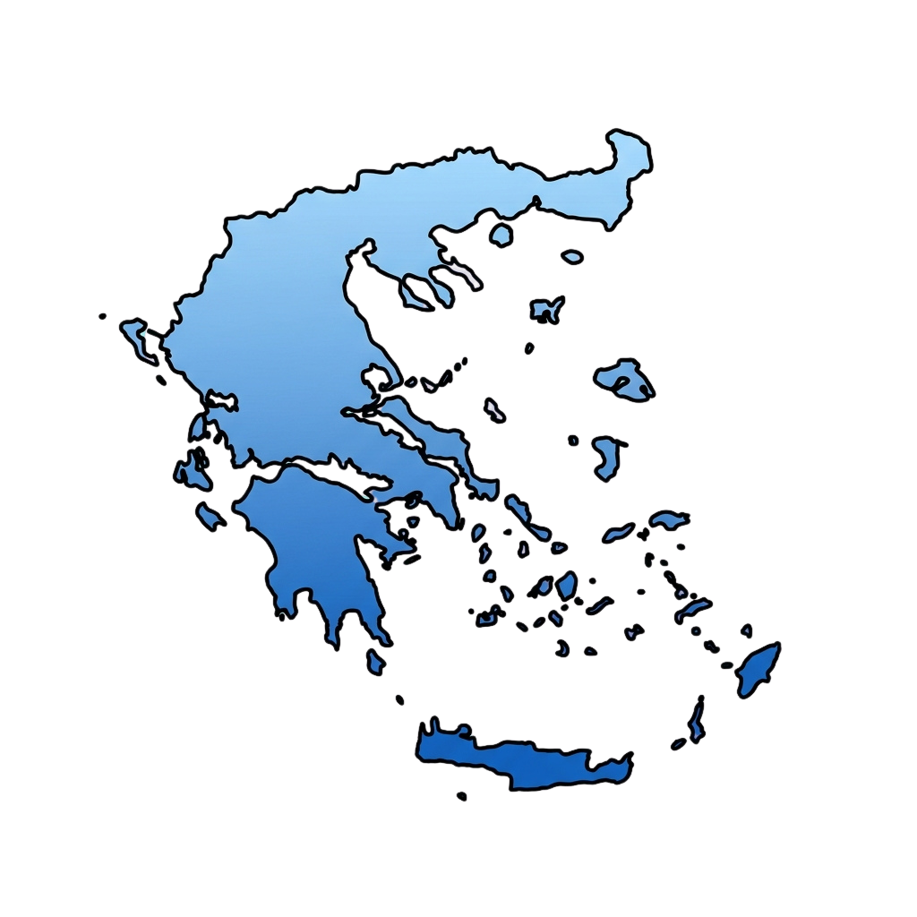 Map of Greece with a blue gradient overlay highlighting its mainland and islands against a black background