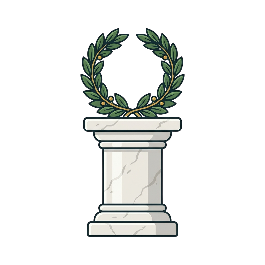 Illustration of a white marble pedestal with a laurel wreath trophy on top