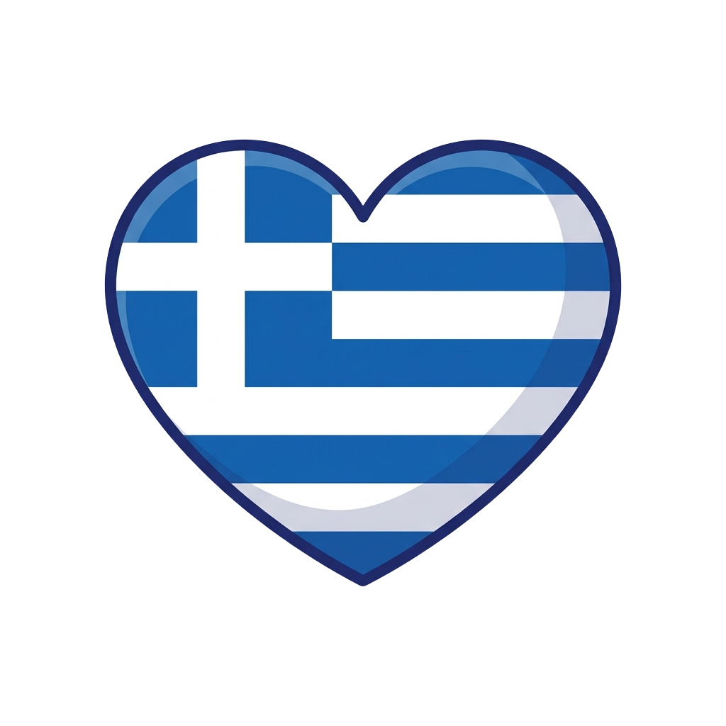 Heart-shaped graphic featuring the Greek national flag with blue and white stripes and a blue cross