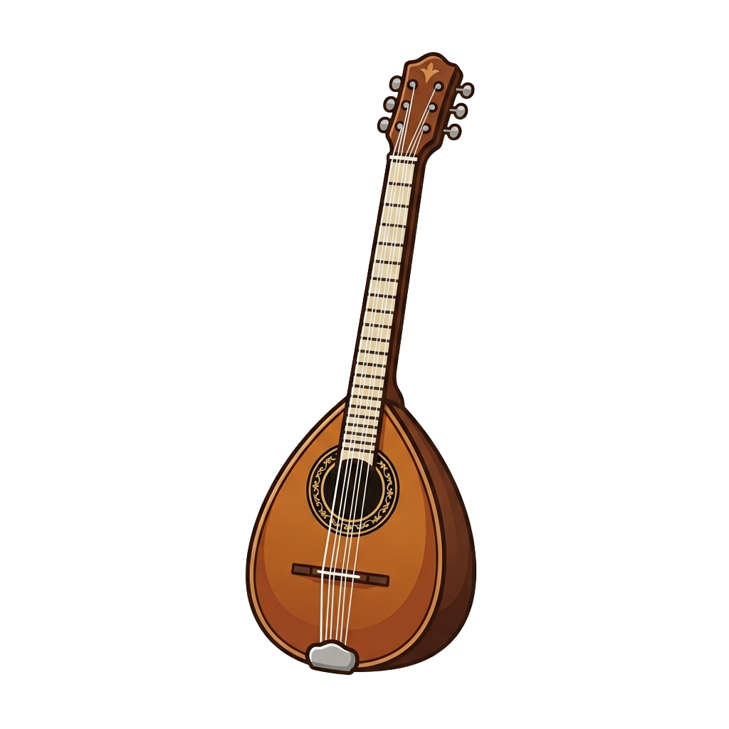 Illustration of a brown mandolin-style guitar with a pear-shaped body and tuning pegs