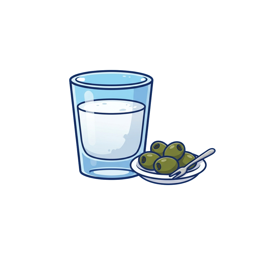 A glass of water next to a small plate of green olives and a spoon