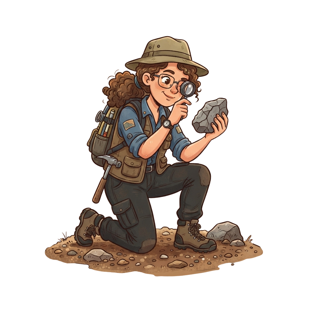 A person in explorer attire kneeling on rocky ground, holding a rock to a magnifying glass and a hammer nearby