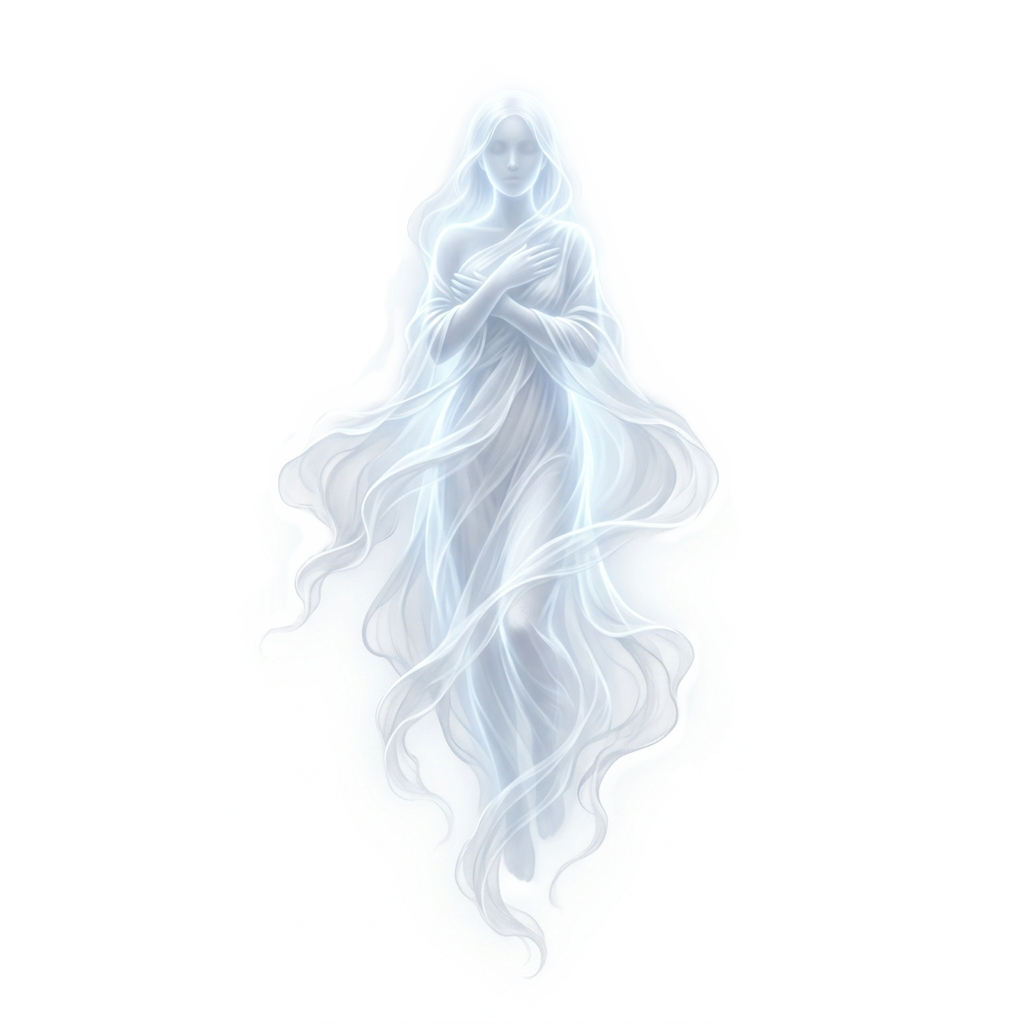 A ghostly, translucent woman with flowing hair and arms crossed, set against a dark background