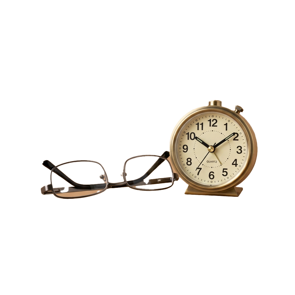 A gold-tone quartz watch and a pair of black-framed glasses on a dark background