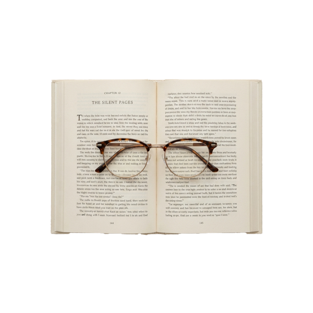 An open book showing a chapter titled The Silent Pages with glasses resting on it