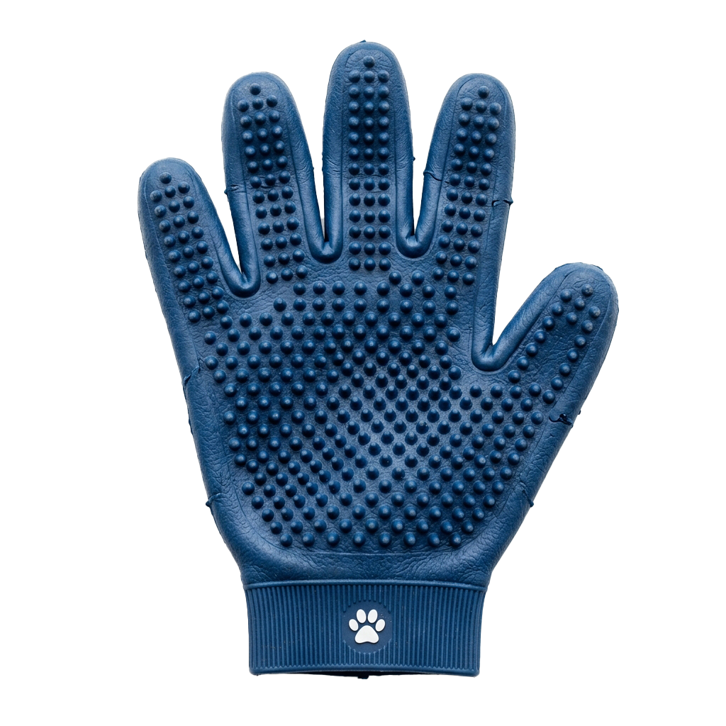 Blue rubber grooming glove with textured surface for brushing pets, featuring paw print logo on wrist.