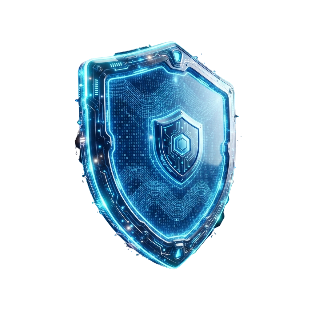 A futuristic shield with digital circuit patterns and binary code representing cyber security protection
